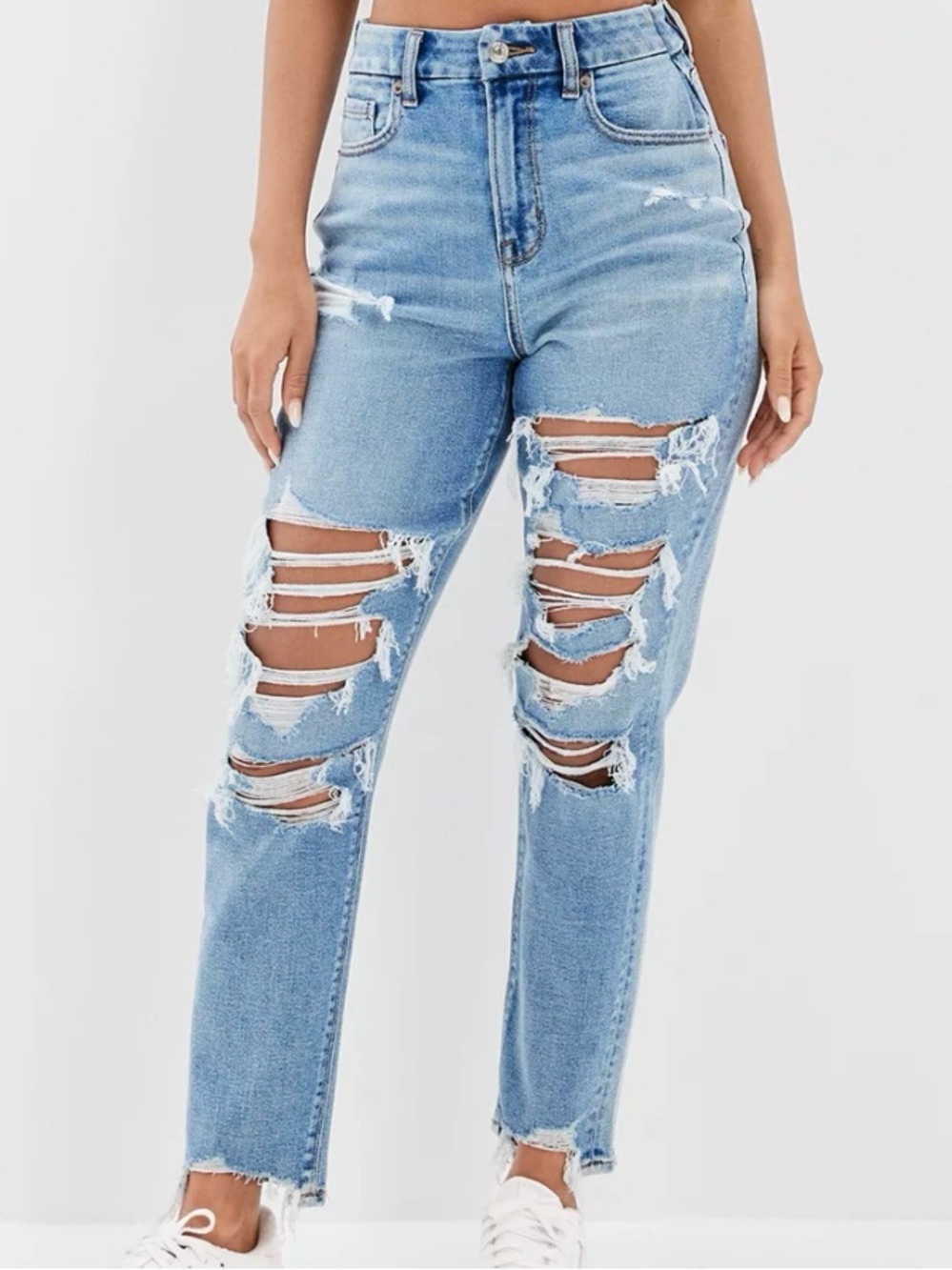 American Eagle Curvy Mom Jeans 12 X-Long High Rise Ripped Light Wash